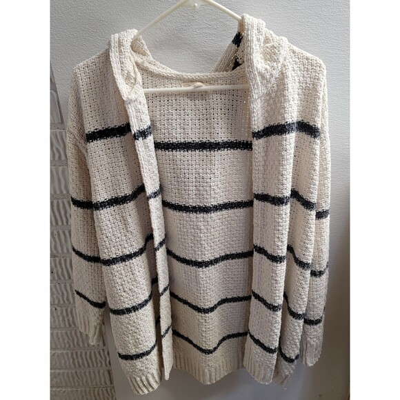 Rewind Woman's Large  Knit Cardigan Hooded Long Sleeve Cream Beige Black Stripes - Picture 1 of 5